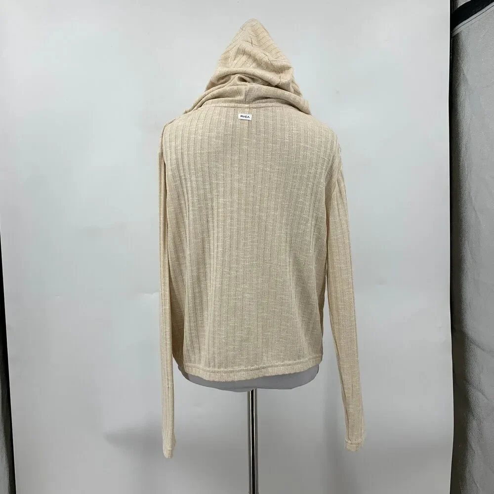 RVCA Cropped Hoodie Women L Large Beige V Neck Knit Pullover Long Sleeve Sweater